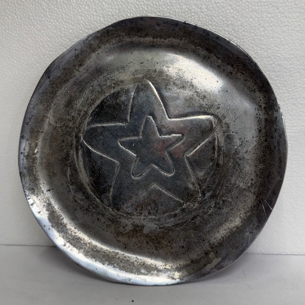 Pewter Silver Star Embossed Rustic Decorative Plate Metal Tray 9in